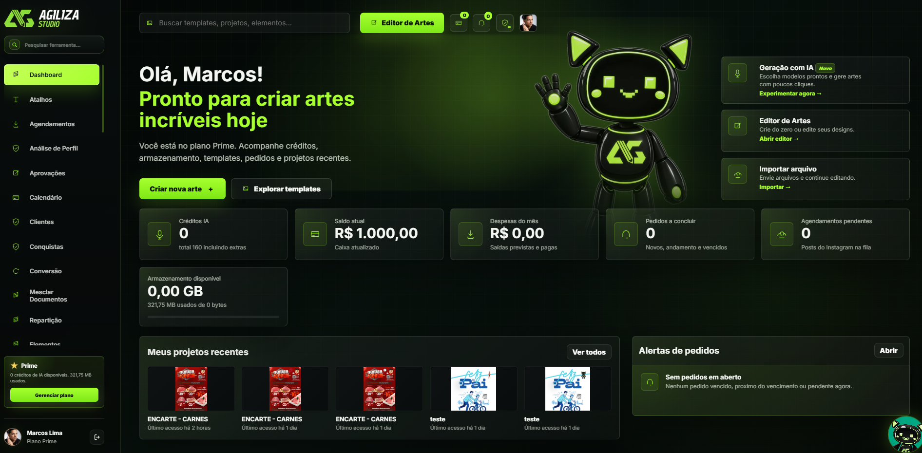 Dashboard do Agiliza Studio